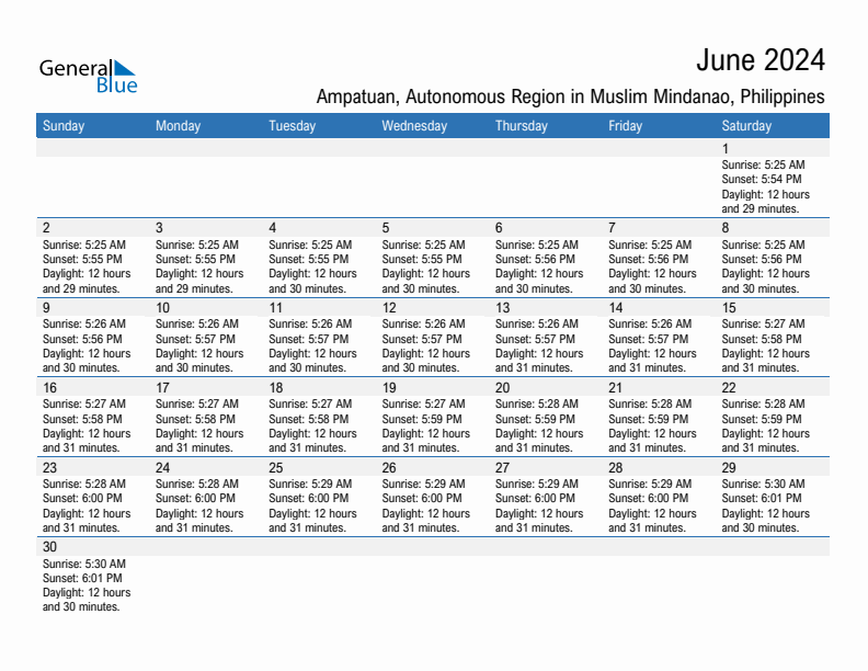 Ampatuan June 2024 sunrise and sunset calendar in PDF, Excel, and Word