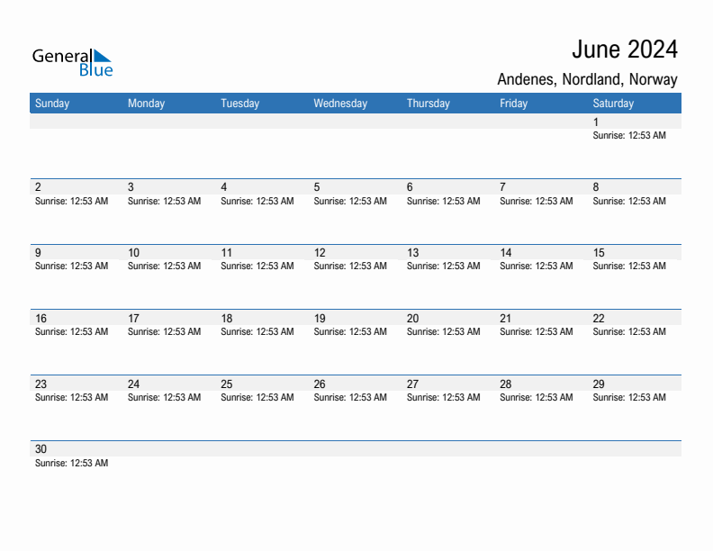 Andenes June 2024 sunrise and sunset calendar in PDF, Excel, and Word