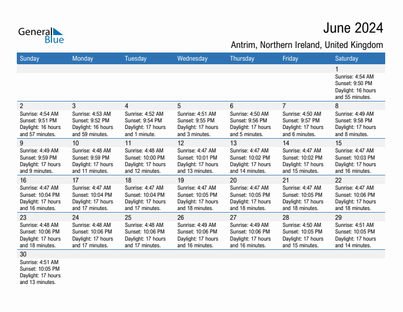 Antrim June 2024 sunrise and sunset calendar in PDF, Excel, and Word