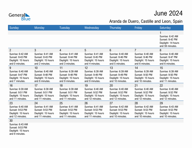 Aranda de Duero June 2024 sunrise and sunset calendar in PDF, Excel, and Word