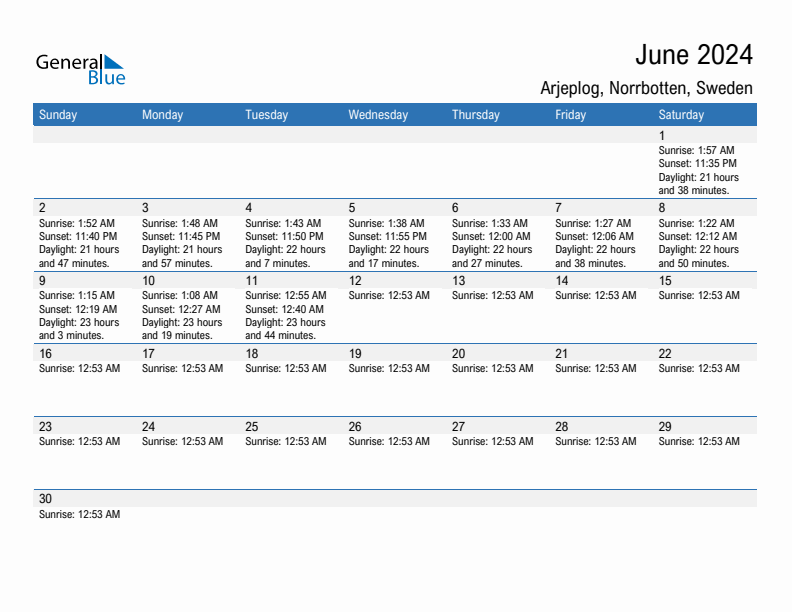 Arjeplog June 2024 sunrise and sunset calendar in PDF, Excel, and Word