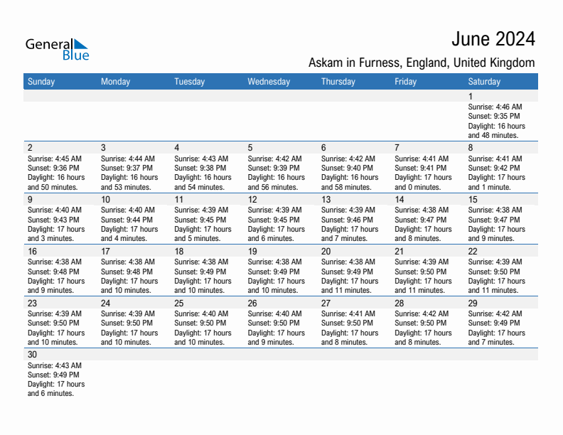 Askam in Furness June 2024 sunrise and sunset calendar in PDF, Excel, and Word