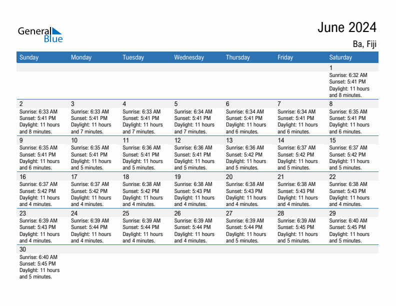 Ba June 2024 sunrise and sunset calendar in PDF, Excel, and Word