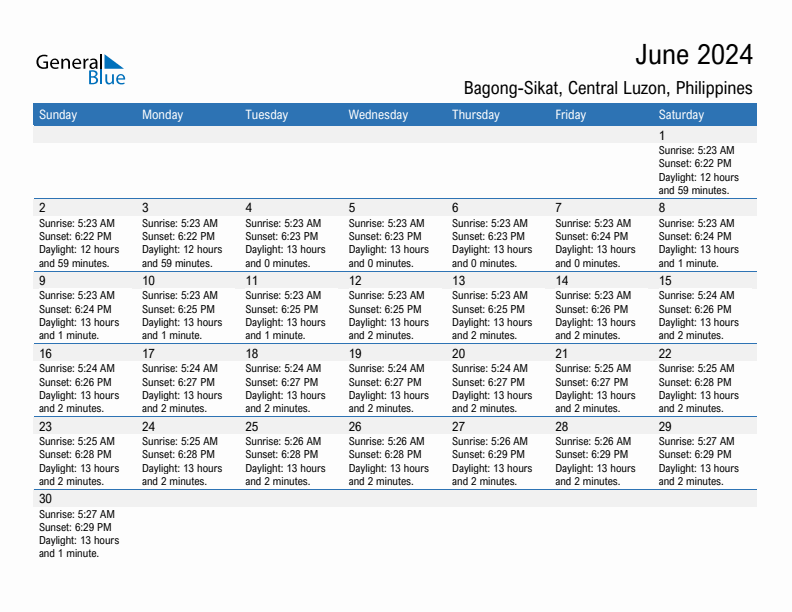 Bagong-Sikat June 2024 sunrise and sunset calendar in PDF, Excel, and Word