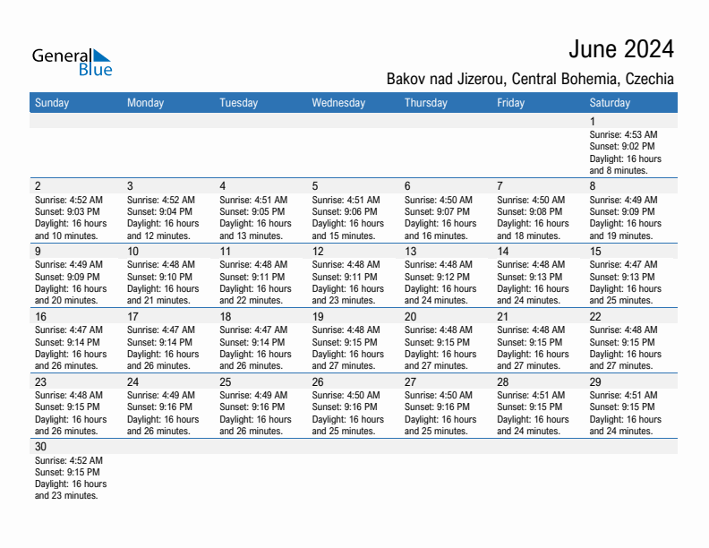 Bakov nad Jizerou June 2024 sunrise and sunset calendar in PDF, Excel, and Word