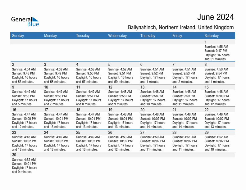 Ballynahinch June 2024 sunrise and sunset calendar in PDF, Excel, and Word