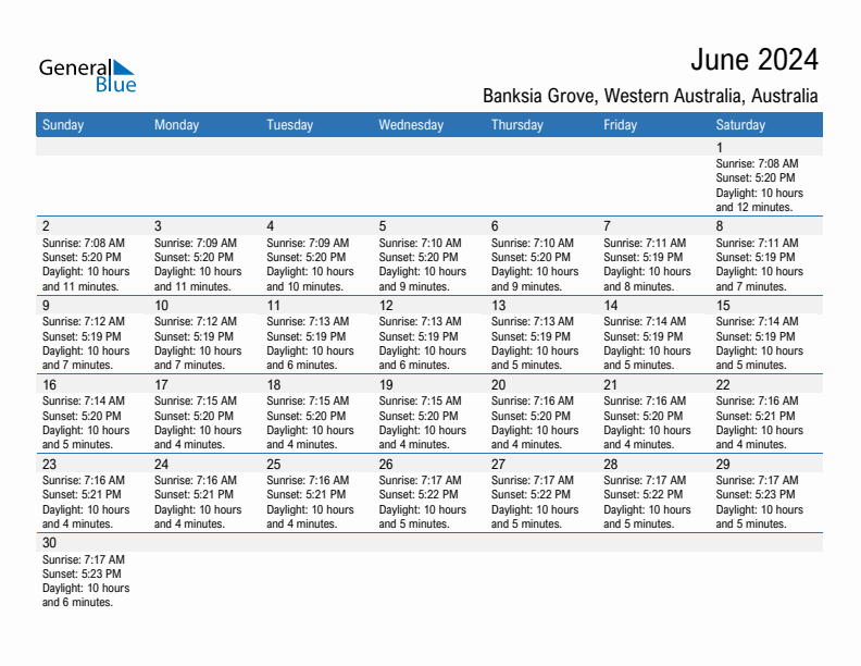 Banksia Grove June 2024 sunrise and sunset calendar in PDF, Excel, and Word