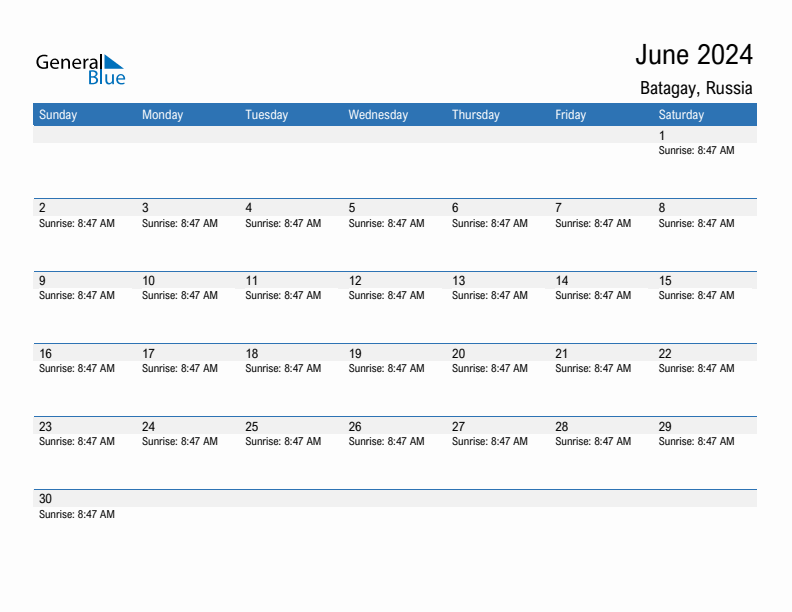 Batagay June 2024 sunrise and sunset calendar in PDF, Excel, and Word