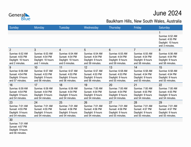 Baulkham Hills June 2024 sunrise and sunset calendar in PDF, Excel, and Word