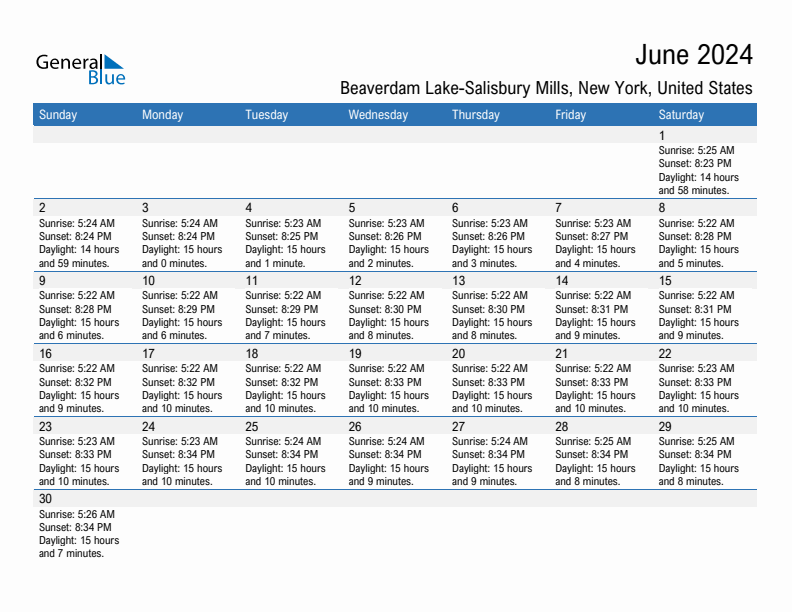 Beaverdam Lake-Salisbury Mills June 2024 sunrise and sunset calendar in PDF, Excel, and Word