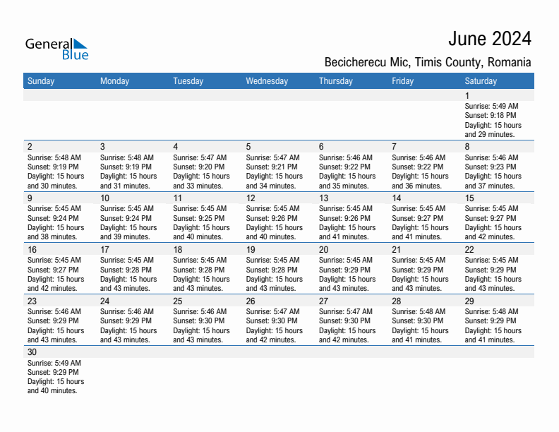 Becicherecu Mic June 2024 sunrise and sunset calendar in PDF, Excel, and Word