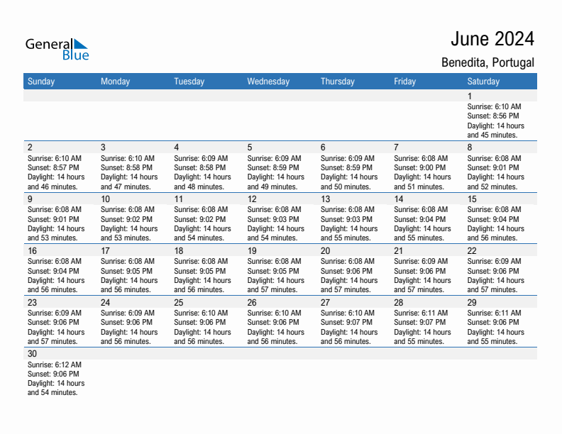 Benedita June 2024 sunrise and sunset calendar in PDF, Excel, and Word