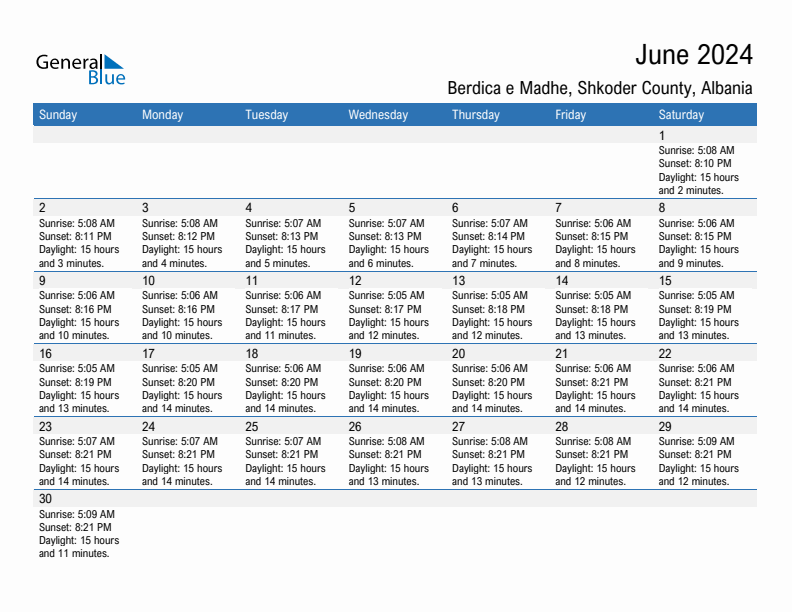 Berdica e Madhe June 2024 sunrise and sunset calendar in PDF, Excel, and Word