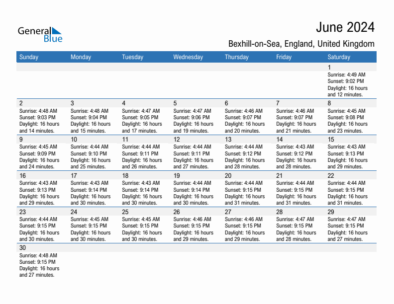 Bexhill-on-Sea June 2024 sunrise and sunset calendar in PDF, Excel, and Word