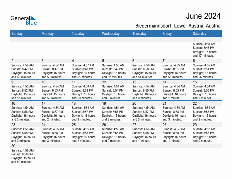 Biedermannsdorf June 2024 sunrise and sunset calendar in PDF, Excel, and Word