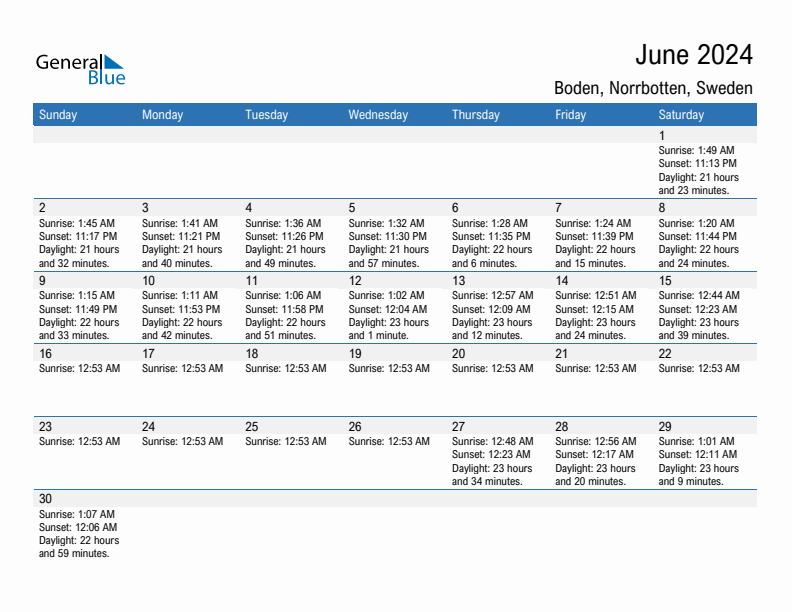 Boden June 2024 sunrise and sunset calendar in PDF, Excel, and Word