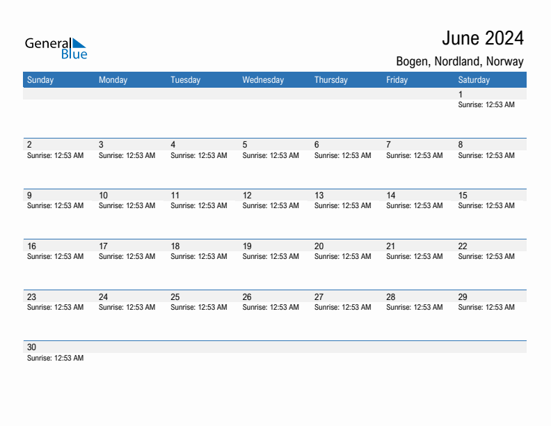 Bogen June 2024 sunrise and sunset calendar in PDF, Excel, and Word