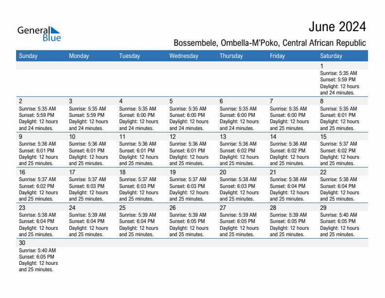 Bossembele June 2024 sunrise and sunset calendar in PDF, Excel, and Word