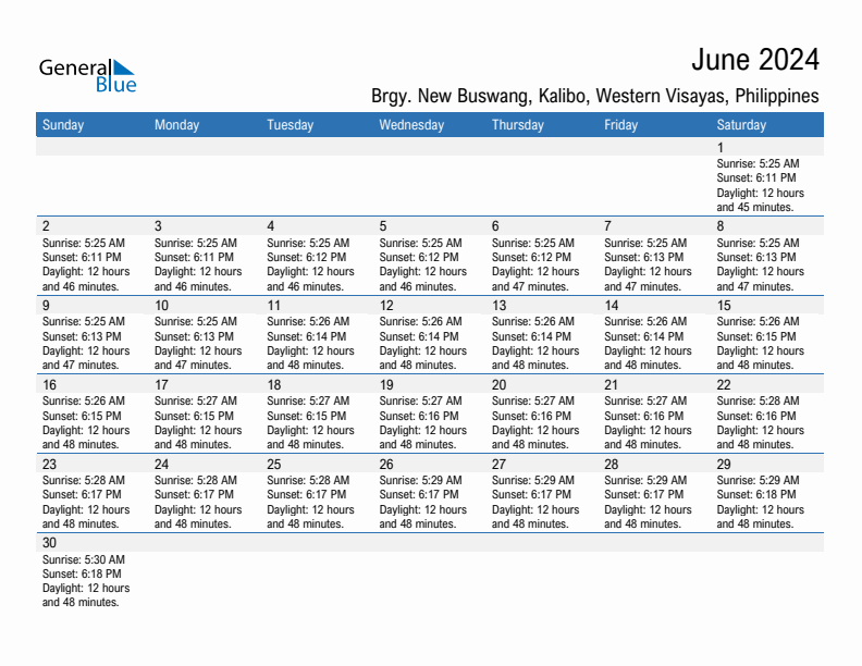 Brgy. New Buswang, Kalibo June 2024 sunrise and sunset calendar in PDF, Excel, and Word