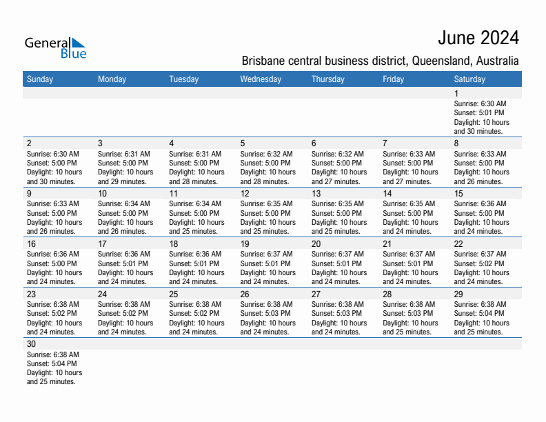 Brisbane central business district June 2024 sunrise and sunset calendar in PDF, Excel, and Word