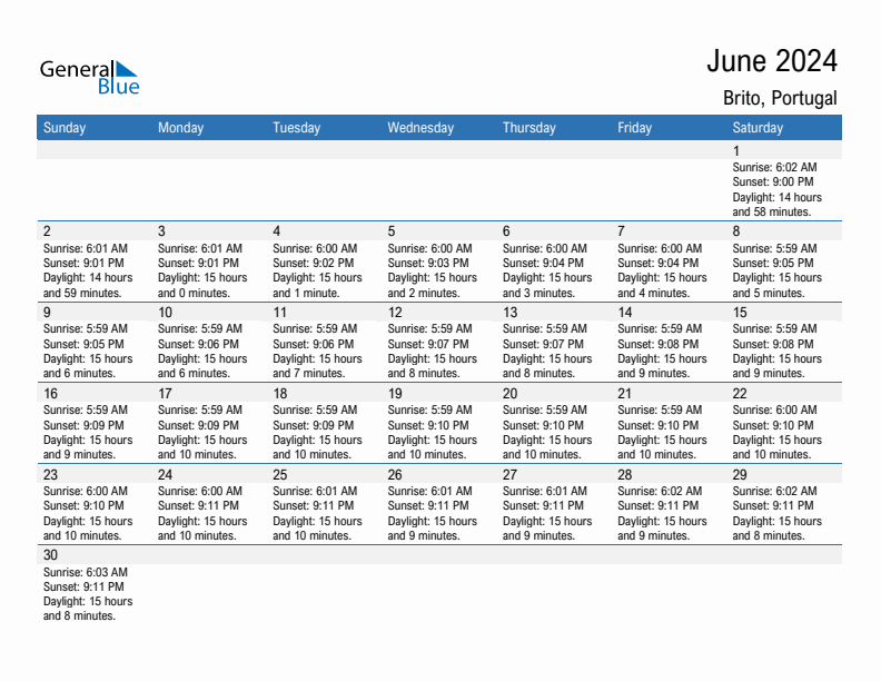 Brito June 2024 sunrise and sunset calendar in PDF, Excel, and Word