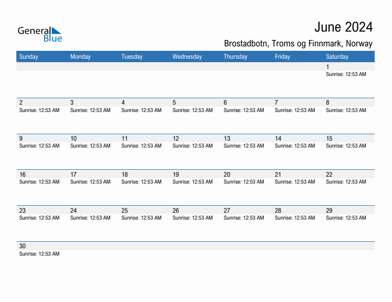 Brostadbotn June 2024 sunrise and sunset calendar in PDF, Excel, and Word