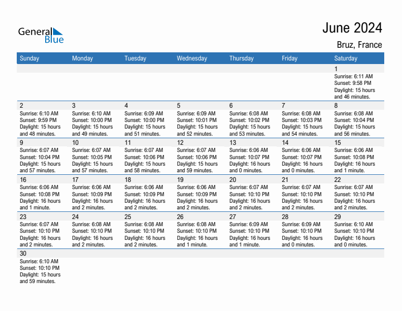 Bruz June 2024 sunrise and sunset calendar in PDF, Excel, and Word