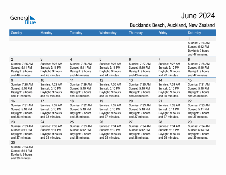 Bucklands Beach June 2024 sunrise and sunset calendar in PDF, Excel, and Word