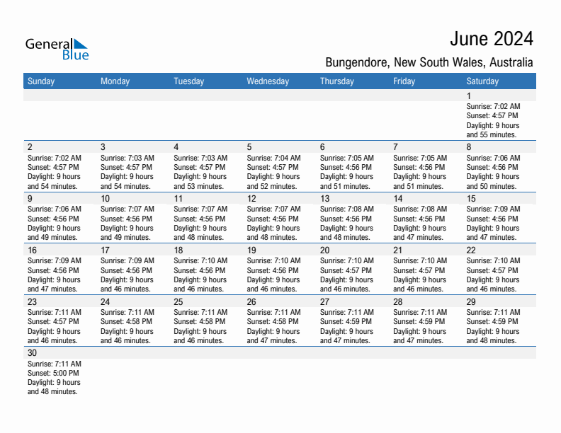 Bungendore June 2024 sunrise and sunset calendar in PDF, Excel, and Word