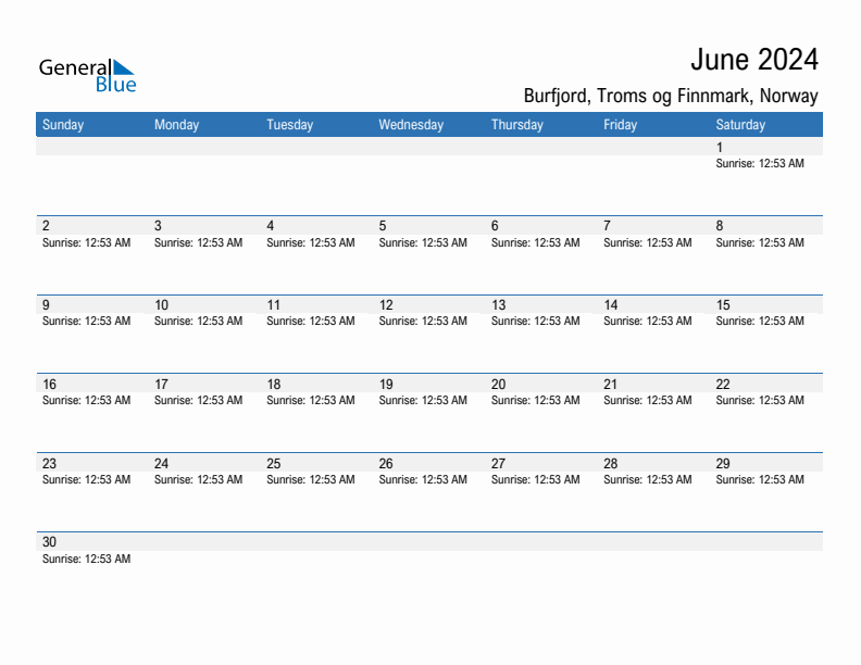 Burfjord June 2024 sunrise and sunset calendar in PDF, Excel, and Word