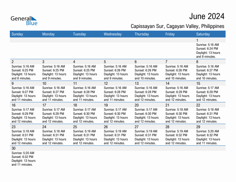 Capissayan Sur June 2024 sunrise and sunset calendar in PDF, Excel, and Word