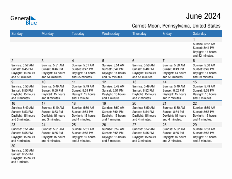 Carnot-Moon June 2024 sunrise and sunset calendar in PDF, Excel, and Word