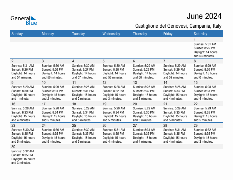 Castiglione del Genovesi June 2024 sunrise and sunset calendar in PDF, Excel, and Word