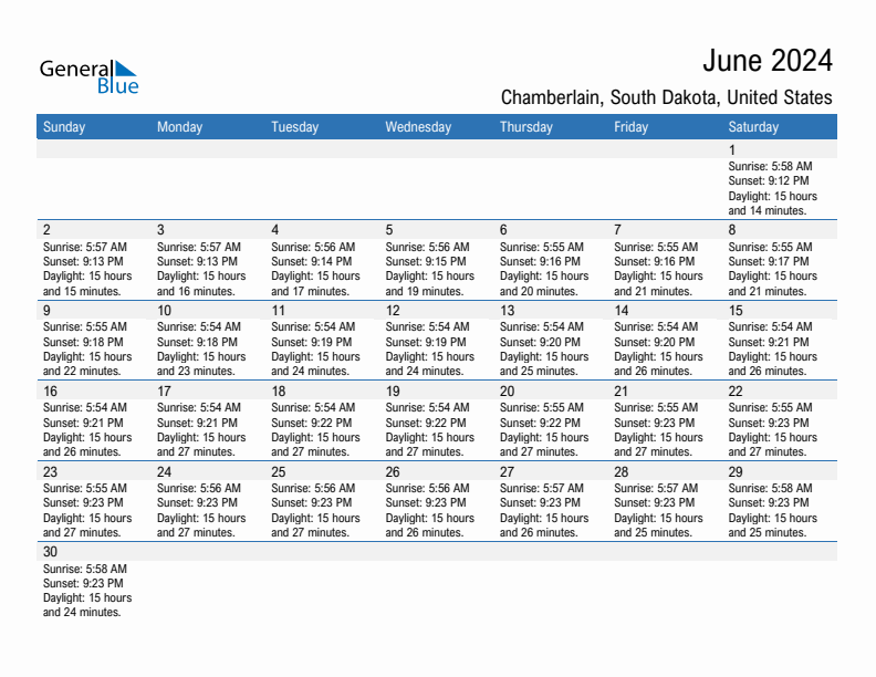 Chamberlain June 2024 sunrise and sunset calendar in PDF, Excel, and Word