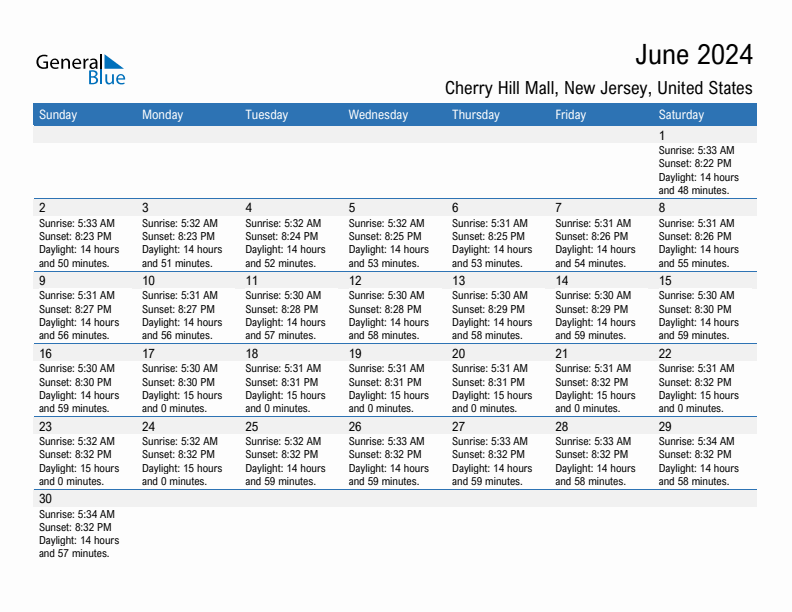 Cherry Hill Mall June 2024 sunrise and sunset calendar in PDF, Excel, and Word