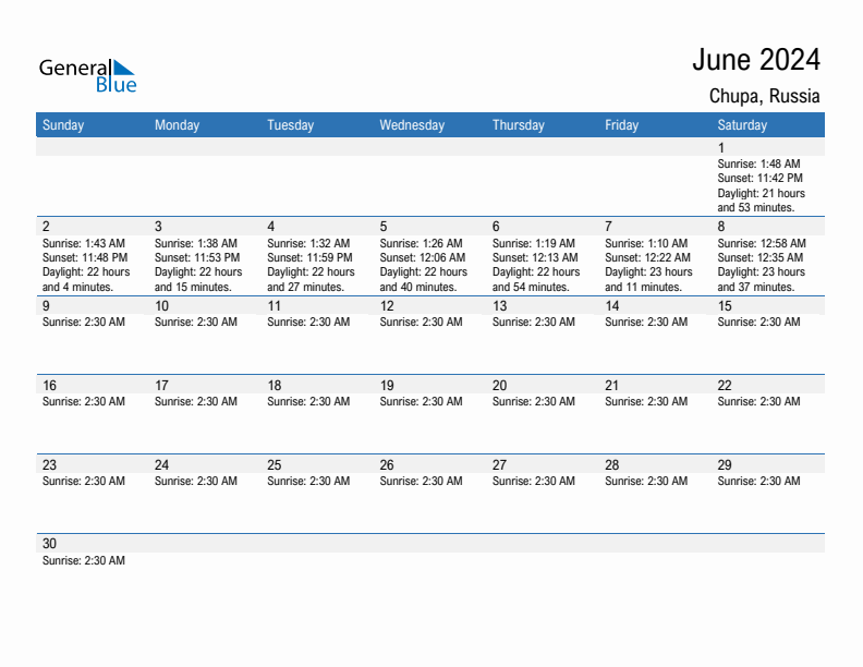 Chupa June 2024 sunrise and sunset calendar in PDF, Excel, and Word