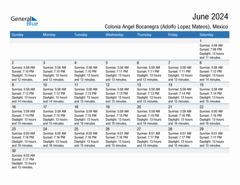 Colonia Angel Bocanegra (Adolfo Lopez Mateos) June 2024 sunrise and sunset calendar in PDF, Excel, and Word