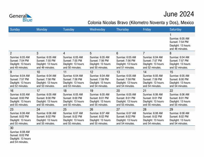 Colonia Nicolas Bravo (Kilometro Noventa y Dos) June 2024 sunrise and sunset calendar in PDF, Excel, and Word