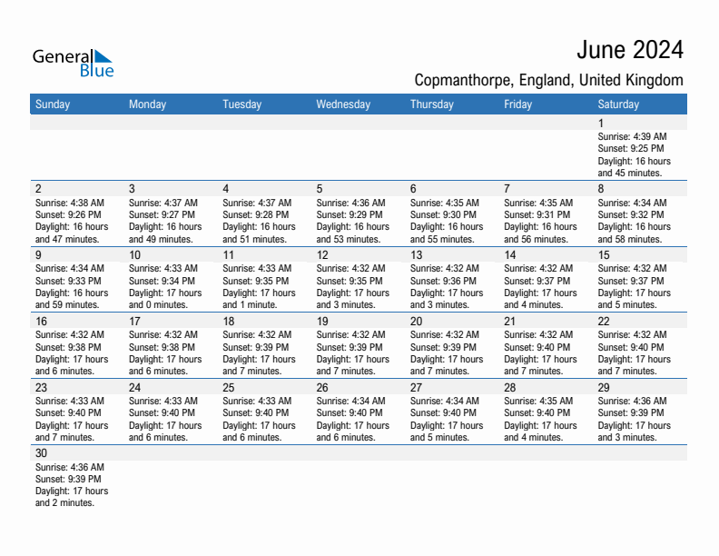 Copmanthorpe June 2024 sunrise and sunset calendar in PDF, Excel, and Word