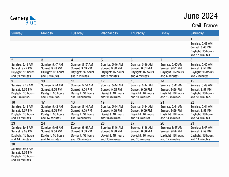 Creil June 2024 sunrise and sunset calendar in PDF, Excel, and Word