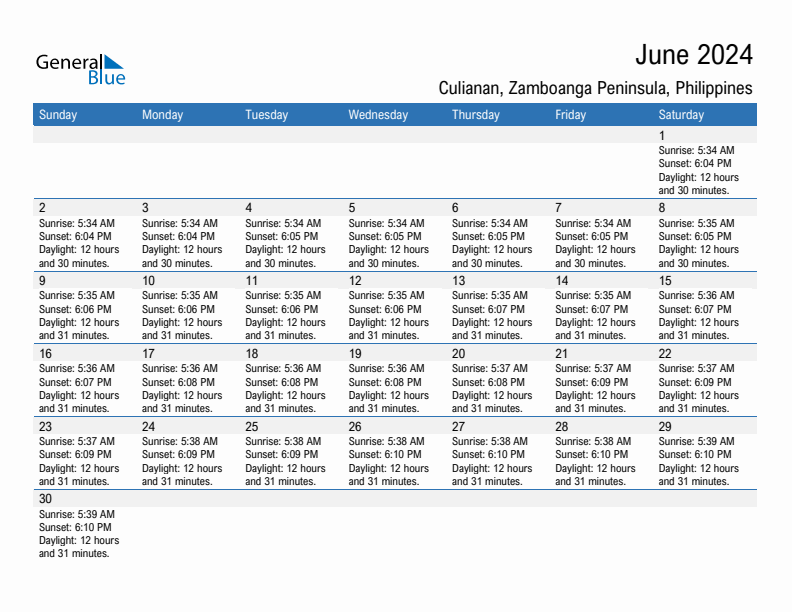 Culianan June 2024 sunrise and sunset calendar in PDF, Excel, and Word