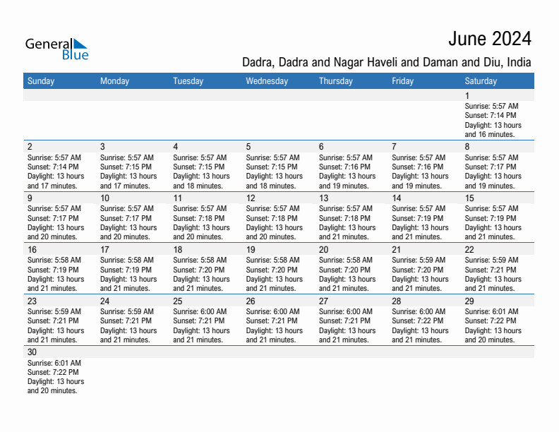 Dadra June 2024 sunrise and sunset calendar in PDF, Excel, and Word