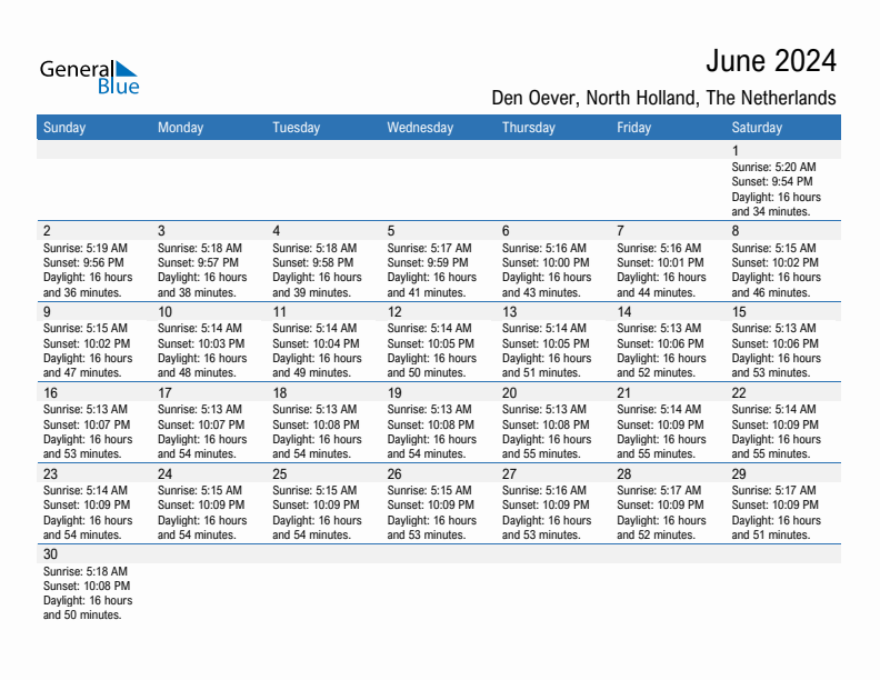 Den Oever June 2024 sunrise and sunset calendar in PDF, Excel, and Word