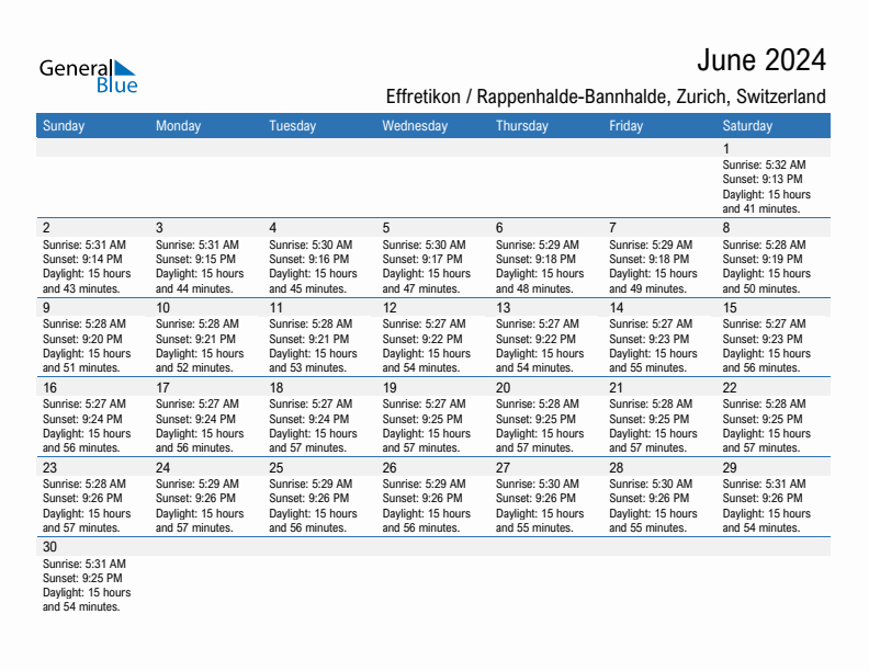 Effretikon / Rappenhalde-Bannhalde June 2024 sunrise and sunset calendar in PDF, Excel, and Word