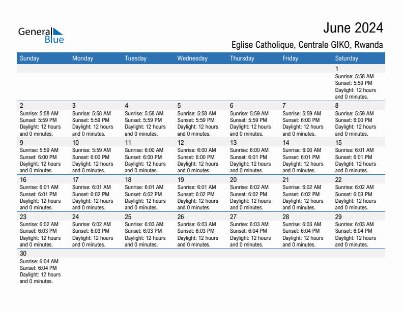 Eglise Catholique, Centrale GIKO June 2024 sunrise and sunset calendar in PDF, Excel, and Word