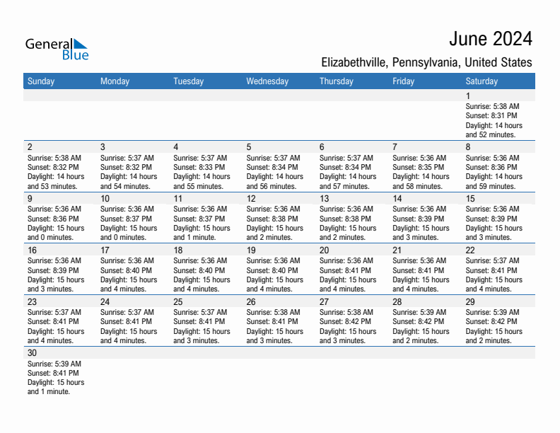 Elizabethville June 2024 sunrise and sunset calendar in PDF, Excel, and Word