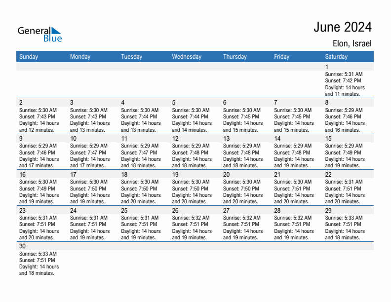 Elon June 2024 sunrise and sunset calendar in PDF, Excel, and Word