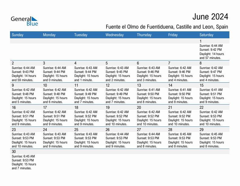 Fuente el Olmo de Fuentiduena June 2024 sunrise and sunset calendar in PDF, Excel, and Word