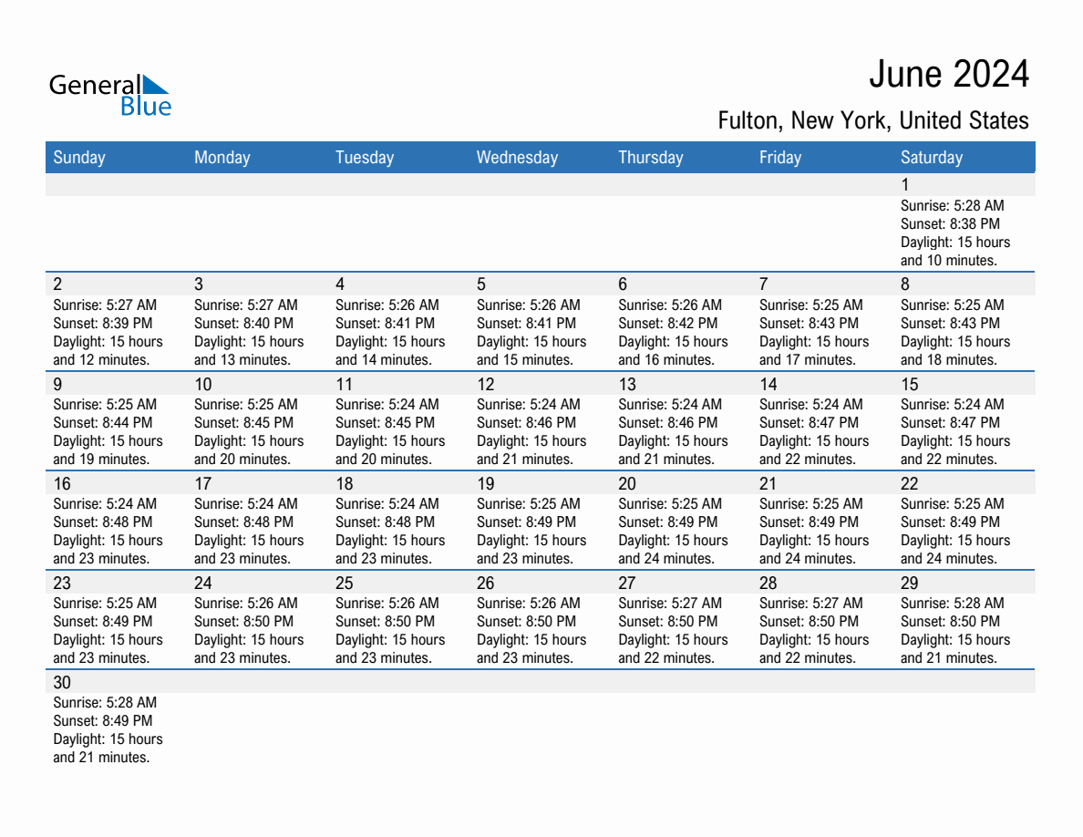 June 2024 Sunrise and Sunset Calendar for Fulton (PDF, Excel, Word)