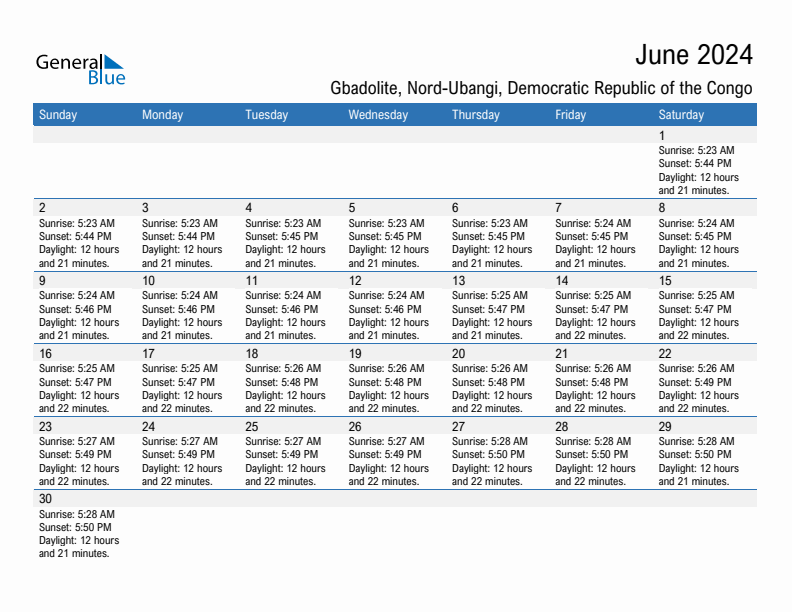 Gbadolite June 2024 sunrise and sunset calendar in PDF, Excel, and Word